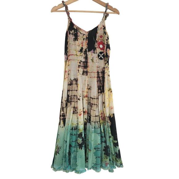 Tianello Layered Ruffle Tie Dye Beaded Floral Summer V Neck Midi Dress XS - Picture 2 of 14